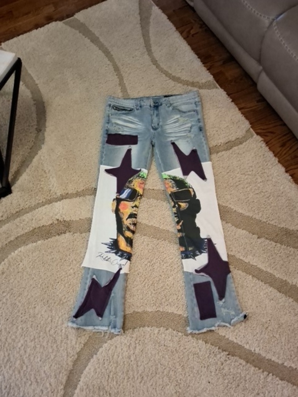 Light Wash Flare Jeans with Purple Lightening Strikes